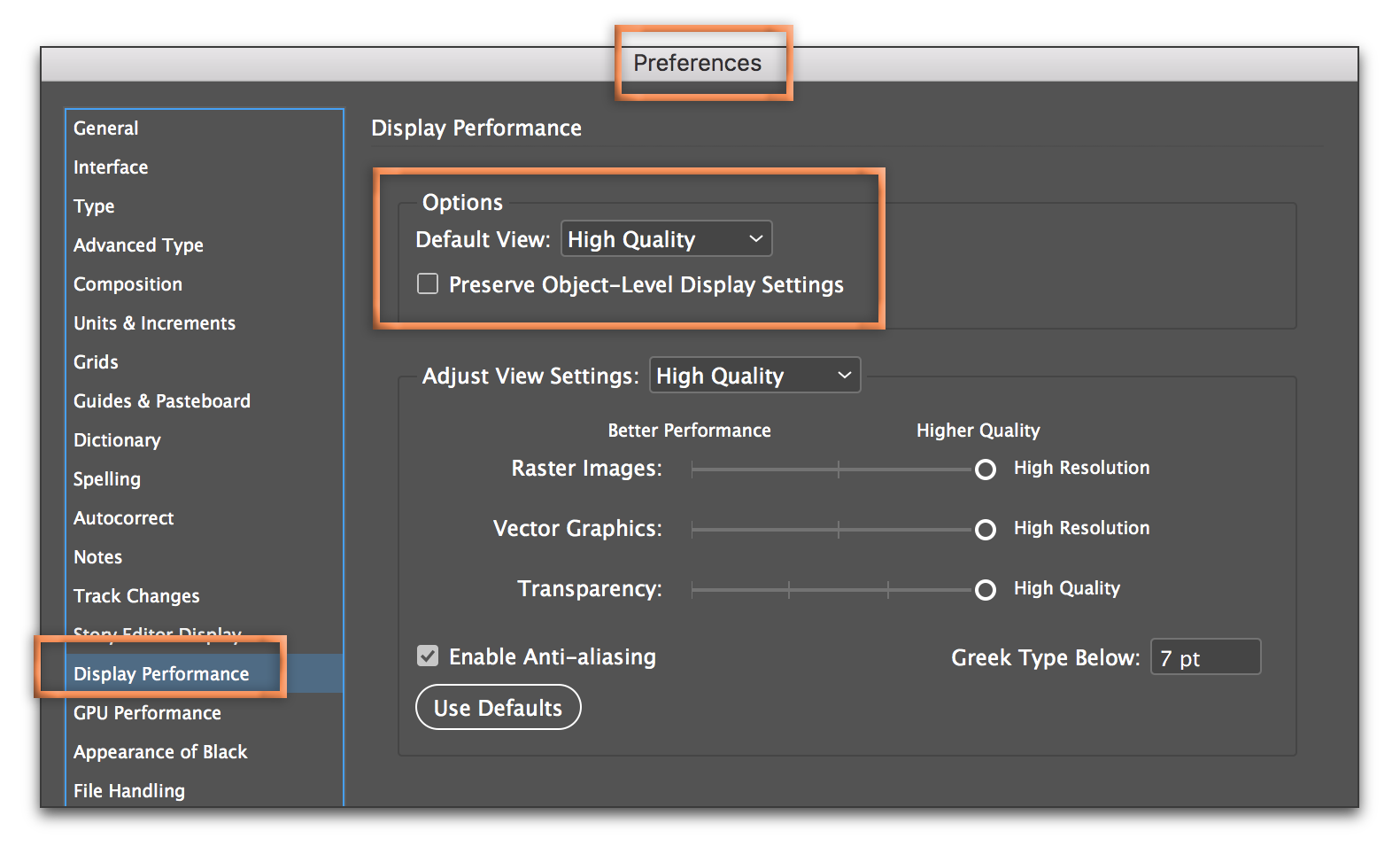 indesign display performance default